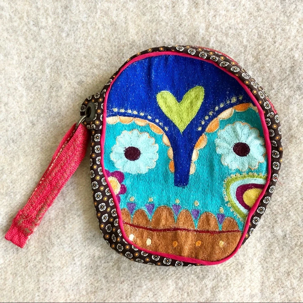 Handmade embroidered Santa Muerte skull wristlet